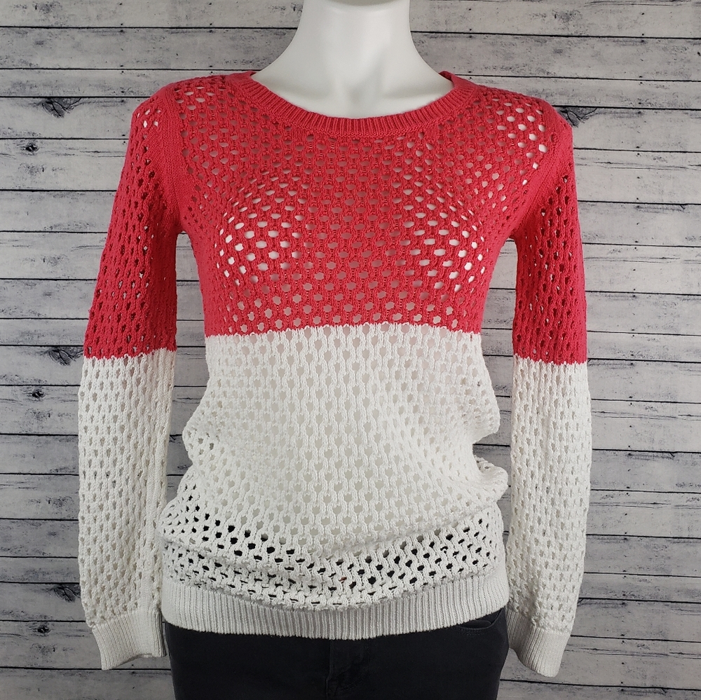Anthro Lumiere Coral/White Open Knit Sweater Sz S